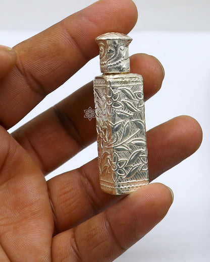Vintage floral design royal bridal queen 925 sterling silver trinket box for sindur or kumkum storage, crafted by Tribal Ornaments.