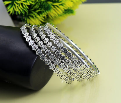 Vintage flower design 925 sterling silver bangle bracelet with oxidized finish, tribal belly dance jewelry from TRIBAL ORNAMENTS.