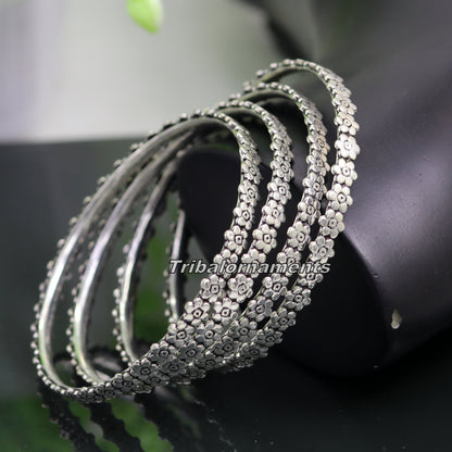 Vintage flower design 925 sterling silver bangle bracelet with oxidized finish, tribal belly dance jewelry from TRIBAL ORNAMENTS.