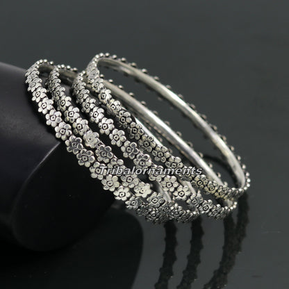Vintage flower design 925 sterling silver bangle bracelet with oxidized finish, tribal belly dance jewelry by TRIBAL ORNAMENTS.