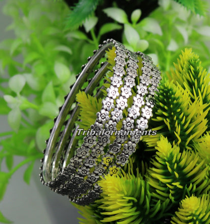 Vintage flower design 925 sterling silver bangle bracelet with oxidized finish, tribal belly dance jewelry by TRIBAL ORNAMENTS.