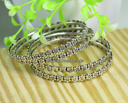 Vintage flower design 925 sterling silver bangle bracelet with oxidized finish, tribal belly dance jewelry by TRIBAL ORNAMENTS.