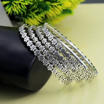 Vintage flower design 925 sterling silver bangle bracelet with oxidized finish, tribal belly dance jewelry by TRIBAL ORNAMENTS.