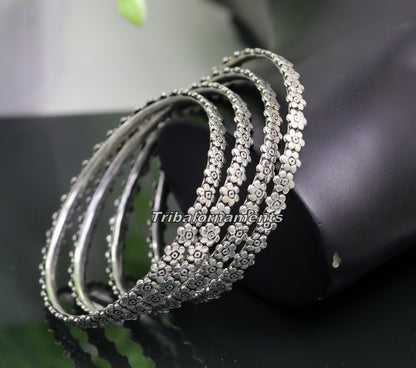 Vintage flower design 925 sterling silver bangle bracelet with oxidized finish, tribal belly dance jewelry by TRIBAL ORNAMENTS.