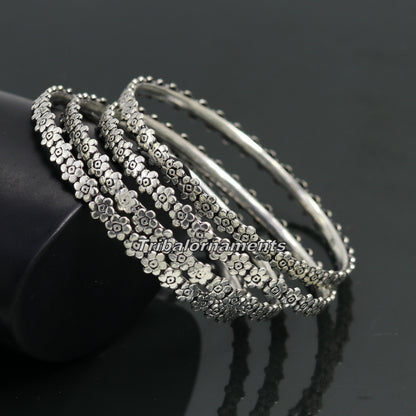 Vintage flower design 925 sterling silver bangle bracelet with oxidized finish, tribal belly dance jewelry by TRIBAL ORNAMENTS.