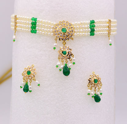 Vintage handmade 22karat yellow gold punjabi necklace with earrings, Fabulous green stone pearl necklace set wedding jewelry - TRIBAL ORNAMENTS