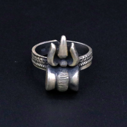 Vintage handmade 925 silver tribal jewelry featuring Lord Shiva Trishul and Damru shape, adjustable and custom-designed by TRIBAL ORNAMENTS.