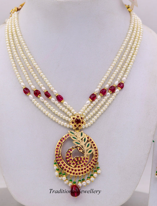 Vintage handmade punjabi muslim fabulous peacock designer necklace set with ruby pearl emerald color stone - TRIBAL ORNAMENTS