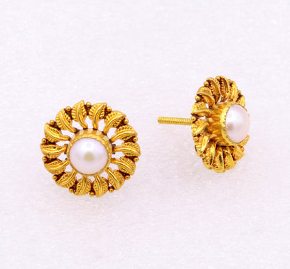 Vintage 22K yellow gold tribal stud earrings with leaf design and pearl from Rajasthan, handmade tribal jewelry by TRIBAL ORNAMENTS.