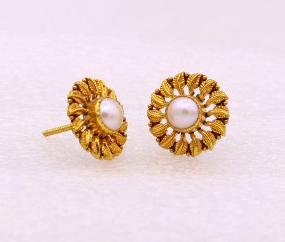 Vintage 22K yellow gold tree leaf stud earrings with pearls, handcrafted tribal jewelry from Rajasthan India.