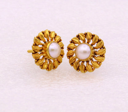 Vintage 22Kt yellow gold tree leaf stud earrings with pearls, handmade tribal jewelry from Rajasthan India.