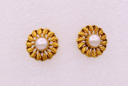 Vintage 22Kt yellow gold tree leaf stud earrings with pearls, handmade tribal jewelry from Rajasthan India by TRIBAL ORNAMENTS.