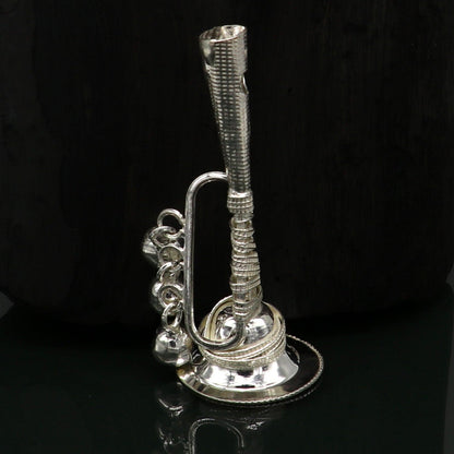 Vintage Indian sterling silver baby Krishna whistle with bells, decorative temple-style music instrument and gift toy from Tribal Ornaments.