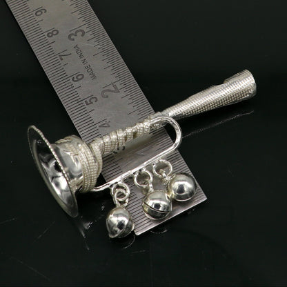 Vintage Indian sterling silver baby Krishna whistle with bells, traditional music instrument and temple-style design by TRIBAL ORNAMENTS.