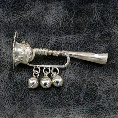 Vintage Indian sterling silver baby Krishna whistle with bells, traditional music instrument and temple-inspired design by Tribal Ornaments.