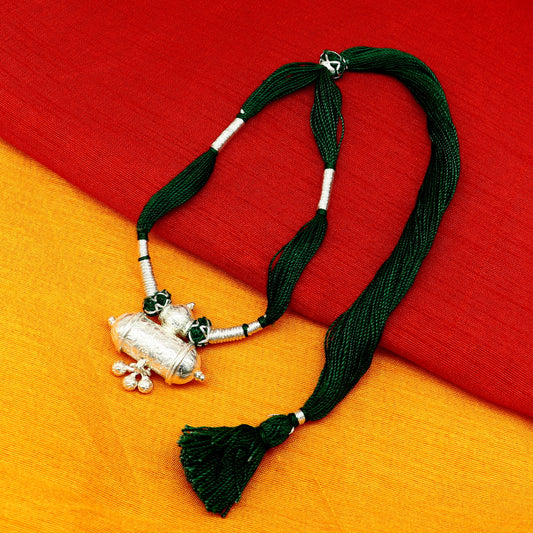 Vintage Indian silver charm necklace with green thread, tribal ethnic jewelry set for brides and weddings by TRIBAL ORNAMENTS