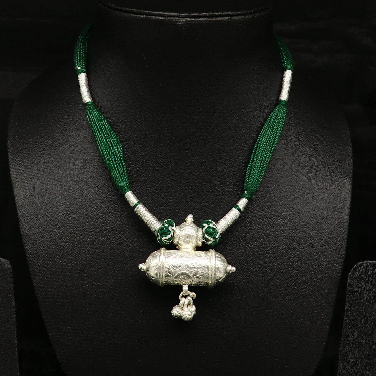 Vintage Indian traditional solid silver charm necklace with green thread, tribal ethnic wedding jewelry set by TRIBAL ORNAMENTS.