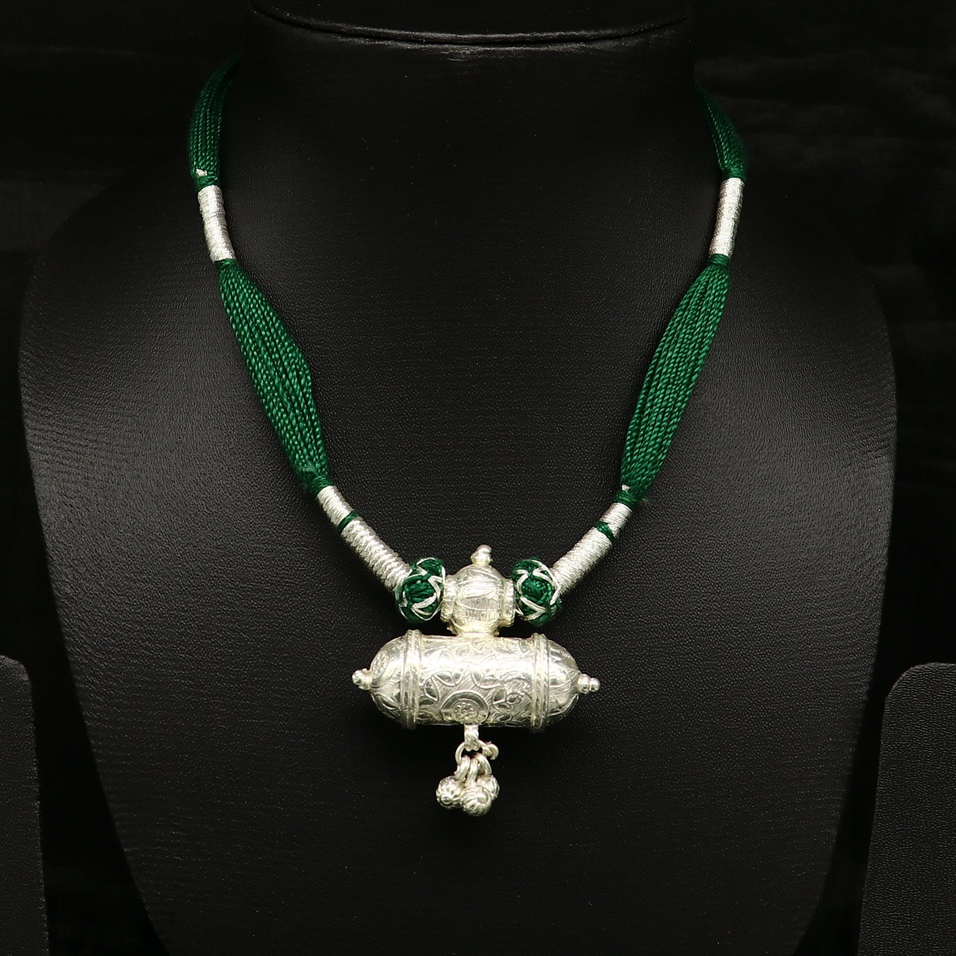 Vintage Indian traditional solid silver charm necklace with green thread, tribal ethnic wedding jewelry set by TRIBAL ORNAMENTS.