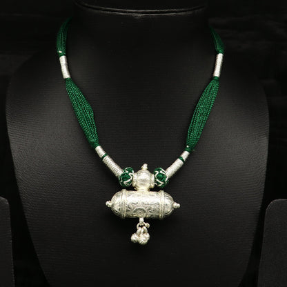 Vintage Indian traditional solid silver charm necklace with green thread, tribal ethnic wedding jewelry set by TRIBAL ORNAMENTS.