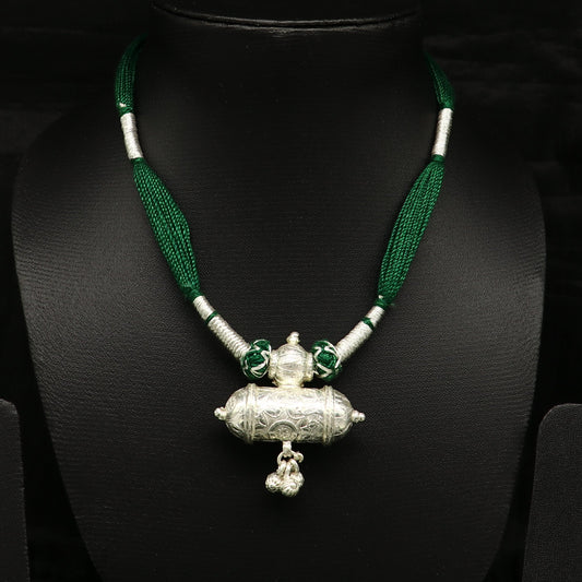 Vintage Indian traditional solid silver charm necklace with green thread, tribal ethnic wedding jewelry set by TRIBAL ORNAMENTS.