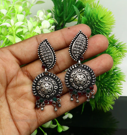 Vintage indian traditional style drop dangle stud earring, Pure 925 sterling silver floral earring best brides gifting wedding jewelry s940 - TRIBAL ORNAMENTS
