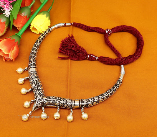 Vintage Indian traditional style trendy 92.5 sterling silver chitai/kandrai work charm necklace, choker tribal ethnic jewelry nec278 - TRIBAL ORNAMENTS