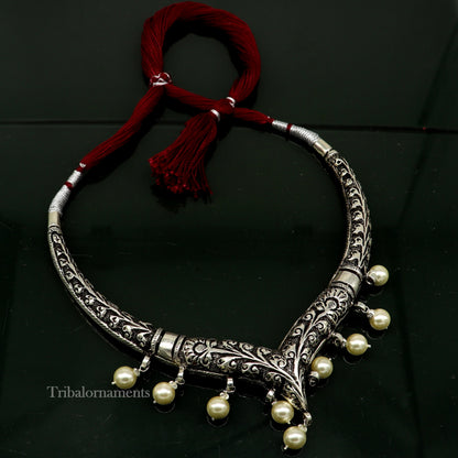 Vintage Indian traditional style trendy 92.5 sterling silver chitai/kandrai work charm necklace, choker tribal ethnic jewelry nec278 - TRIBAL ORNAMENTS