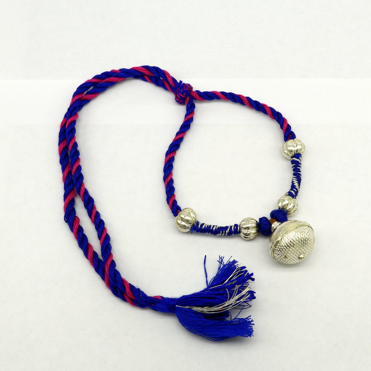 Vintage Indian sterling silver bead charm necklace with tribal design, perfect as a wedding choker or brides jewelry set.