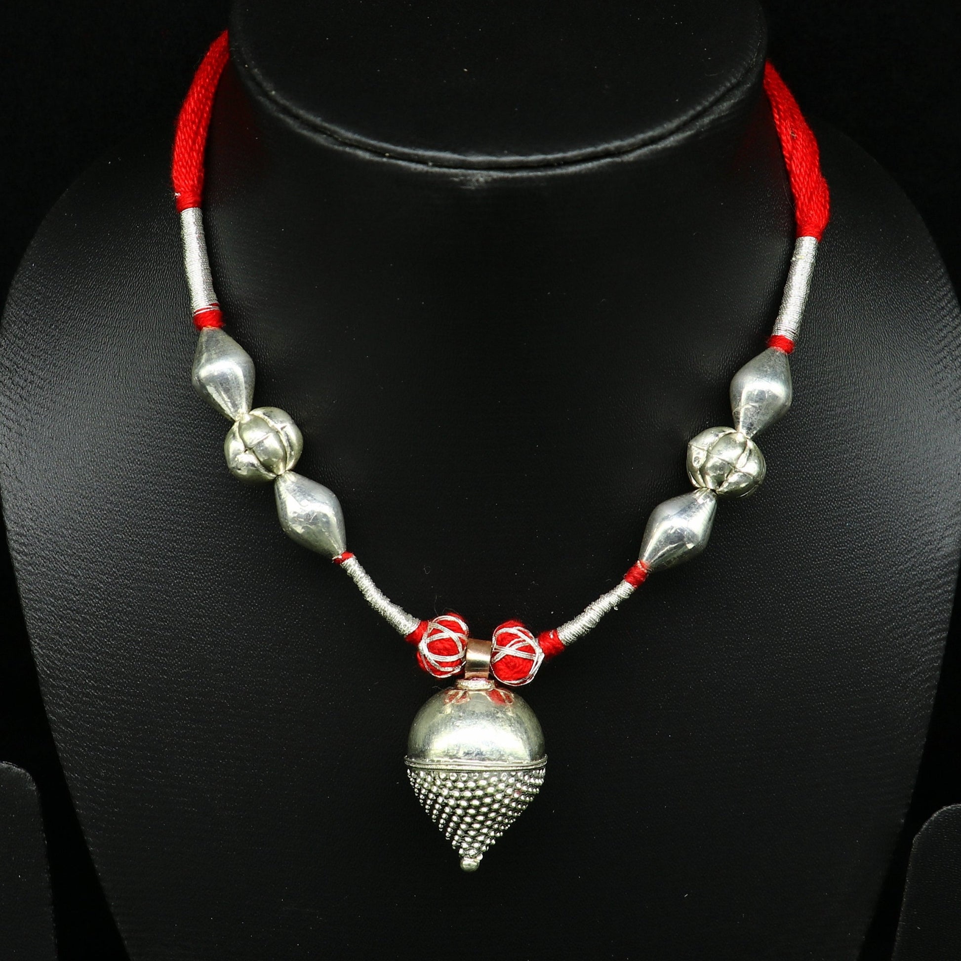 Vintage Indian sterling silver beads and charm necklace, tribal wedding choker jewelry set with intricate designer work.
