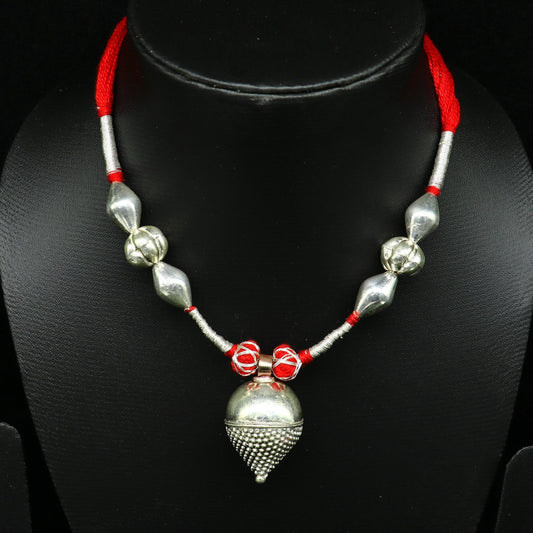 Vintage Indian sterling silver beads and charm necklace, tribal wedding choker jewelry set with intricate designer work.