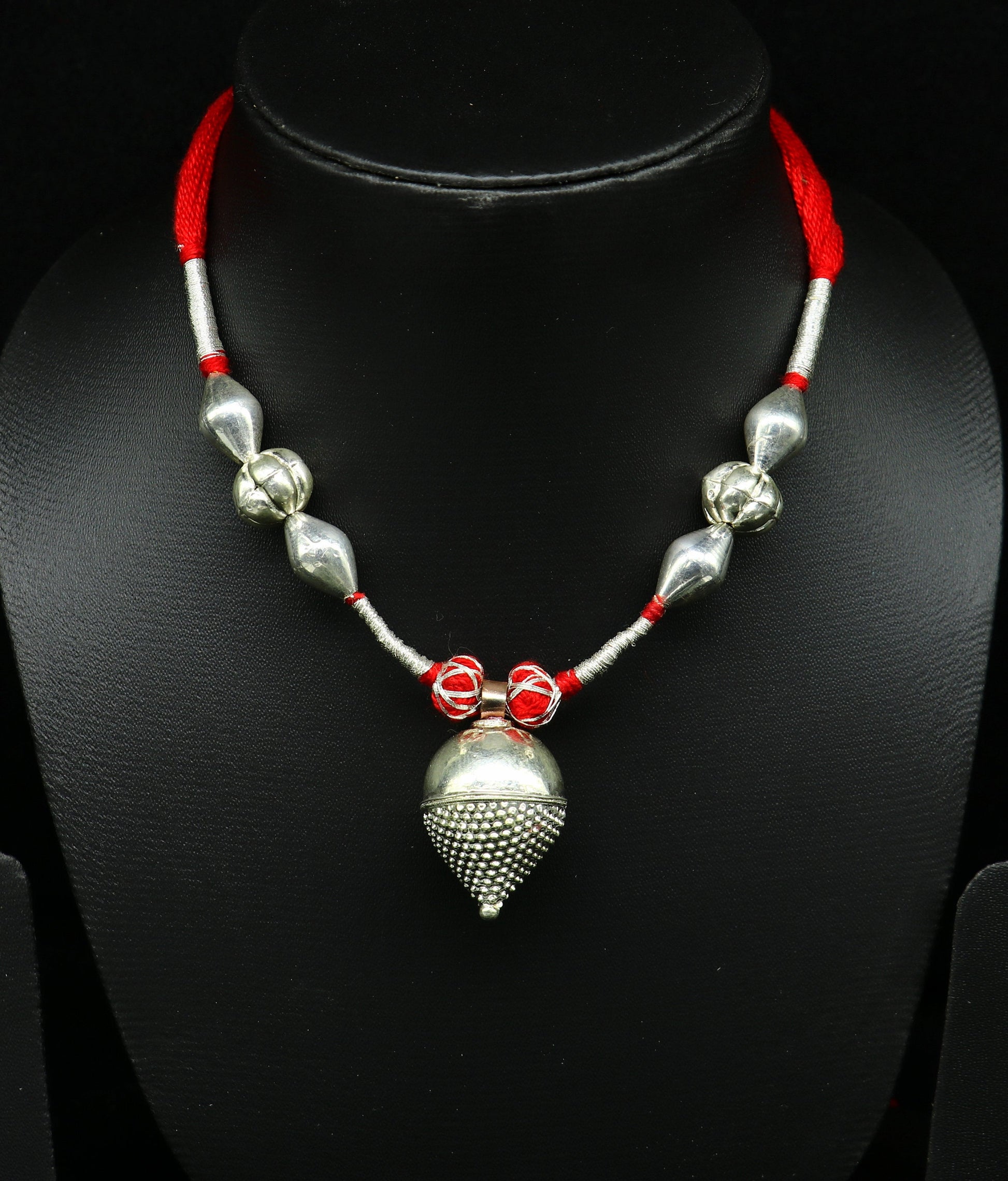 Vintage Indian sterling silver beads thread necklace with charm, tribal wedding choker, traditional bridal jewelry by TRIBAL ORNAMENTS