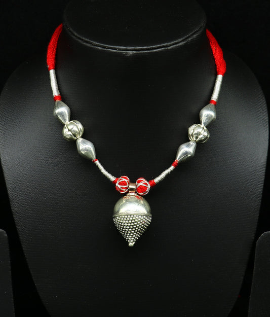 Vintage Indian sterling silver beads thread necklace with charm, tribal wedding choker, traditional bridal jewelry by TRIBAL ORNAMENTS