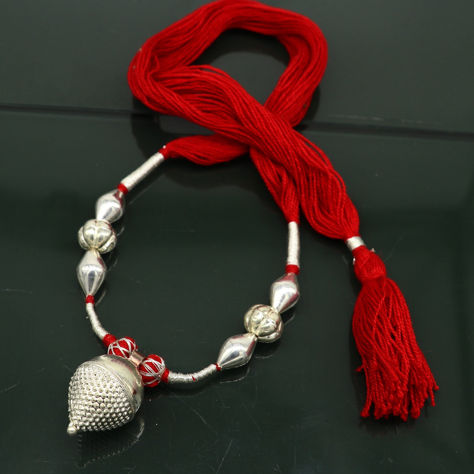 Vintage Indian sterling silver beads thread charm necklace, tribal wedding choker for brides, traditional tribal jewelry set.