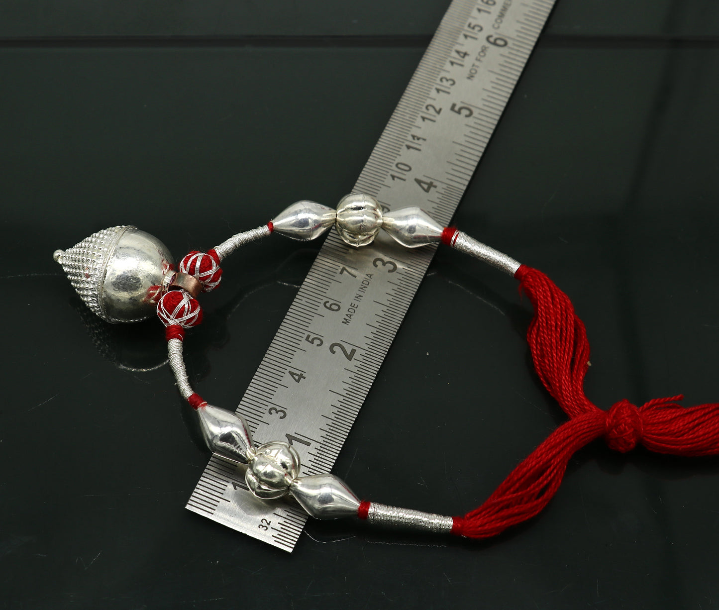 Vintage Indian sterling silver beads thread charm necklace with tribal design, perfect for wedding choker or tribal brides jewelry set.