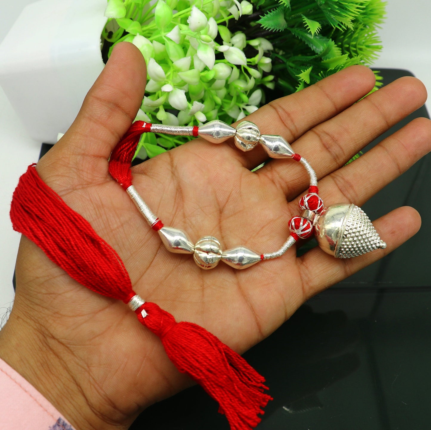 Vintage Indian sterling silver beads thread charm necklace with tribal design, perfect for wedding choker or brides jewelry set.