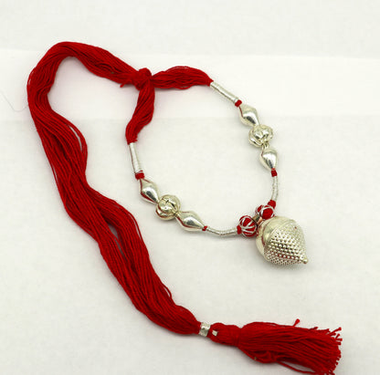 Sterling silver Indian traditional style beads thread charm necklace, tribal wedding choker for brides, part of tribal jewelry set.