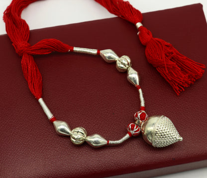 Vintage Indian sterling silver beads thread charm necklace, tribal wedding choker with intricate traditional design and silver accents.
