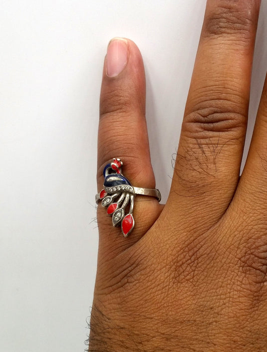 Vintage old silver handmade ring fabulous antique peacock design color enamel unisex ring band indian tribal jewelry r48 - TRIBAL ORNAMENTS