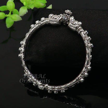 Unisex 925 sterling silver elephant face bangle bracelet with shiny vintage design, handcrafted tribal jewelry for wrist adornment