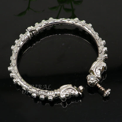 Unisex 925 sterling silver Elephant face bangle bracelet with shiny vintage design, handcrafted tribal jewelry for wrists.