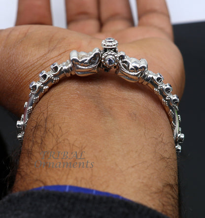 Unisex 925 sterling silver Elephant face bangle bracelet with shiny vintage design, handcrafted tribal jewelry.