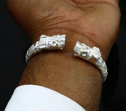 Vintage solid 925 silver cuff kada bracelet with customized design, adjustable fit, suitable for unisex jewelry collection.