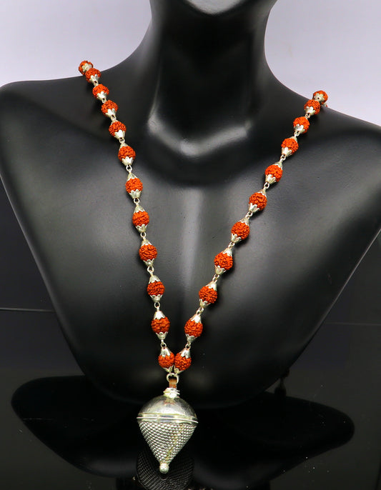 Vintage Sterling silver custom made Rudraksha chain necklace, excellent hanging silver wax ball pendant, unique style gifting jewelry set148 - TRIBAL ORNAMENTS