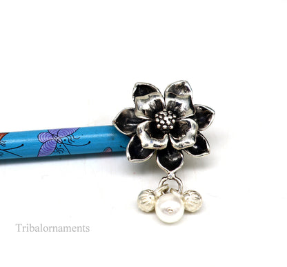 Vintage sterling silver hair jewelry with rose flower design, wooden stick, and pearl accents by TRIBAL ORNAMENTS.