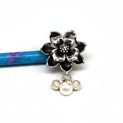 Vintage style 925 sterling silver handmade rose flower hair jewelry with wooden stick and pearl, ideal for brides.
