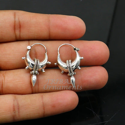 Vintage style 925 sterling silver handmade tribal hoop earrings with traditional ethnic design for men and women.