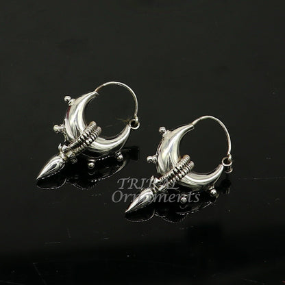 Vintage 925 sterling silver handmade ethnic hoop earrings by TRIBAL ORNAMENTS, traditional Bali-inspired jewelry for men and women.