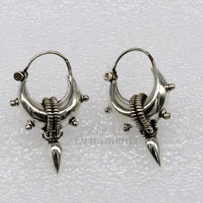 Vintage-style 925 sterling silver handmade ethnic hoop earrings by TRIBAL ORNAMENTS, suitable for men and women, ideal for dance jewelry.