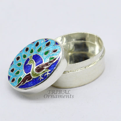 Vintage handmade 925 sterling silver peacock design enamel trinket box, decorative jewelry storage by TRIBAL ORNAMENTS.