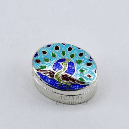 Vintage handmade 925 sterling silver peacock design enamel trinket box, ideal as a brides kukum or kajal jewelry storage.